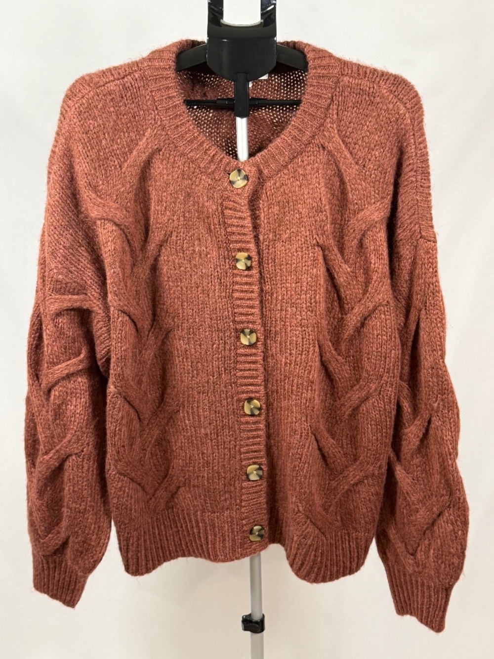 Madewell Harwood Cable Knit Cardigan XL Rust Brown Mock Neck Wool Blend